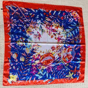 Blue & Red Silky Feel Satin Scarf Colorful Bandana Modern Art Floral 36” Square